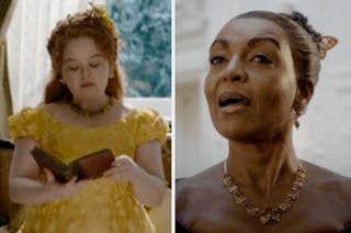 Nicola Coughlan in a period dress reads a book beside a scene of Adjoa Andoh speaking, both from the TV show