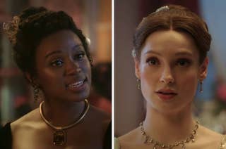 Adjoa Andoh and Claudia Jessie in period costumes from the TV series