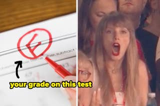 A close-up of a failing test grade circled in red with an arrow pointing to it. Beside it, Taylor Swift appears shocked. Caption reads: